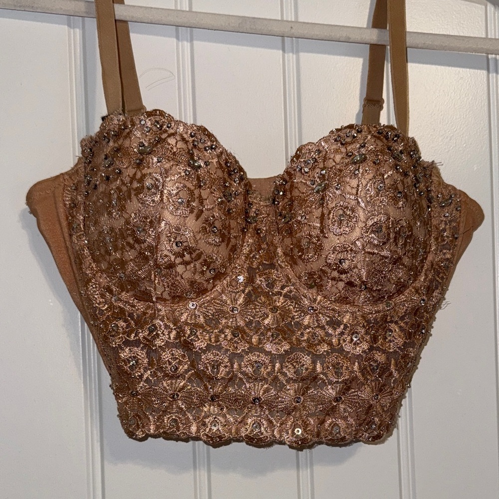 Elegant Tan Lace Embellished Crop Top